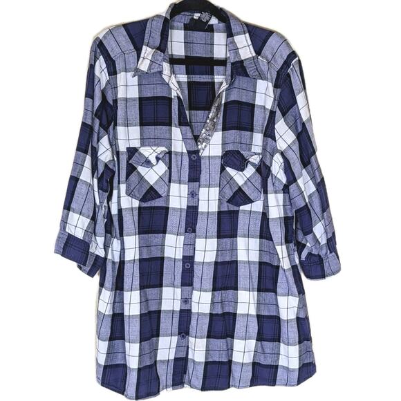 Torrid Size 2 Bling V Neck Cotton Button Down Flannel Plaid 3/4 Sleeve - Picture 1 of 6